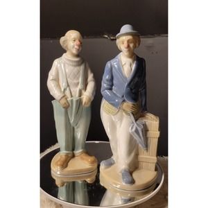 Pair Of Porcelain Clowns M. Requena Statutes Figurines